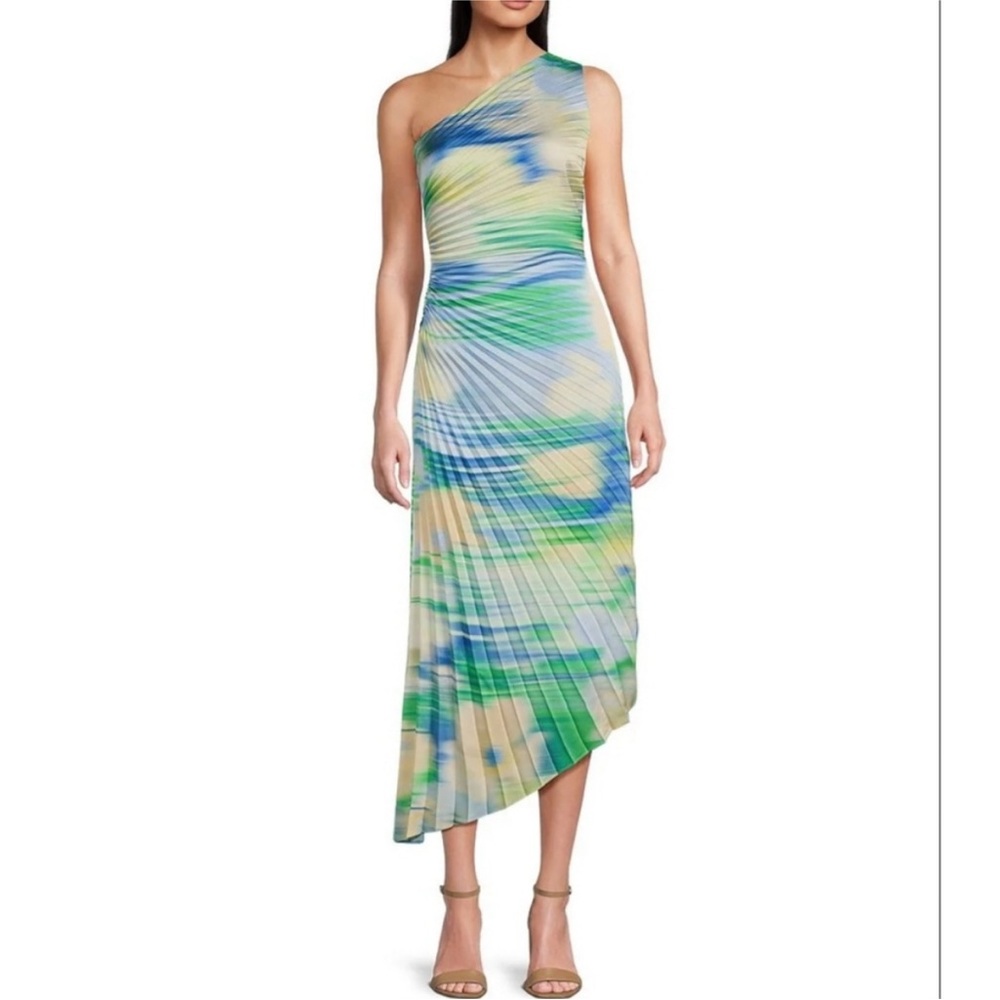 Badgley Mischka Belle Kelsey One Shoulder Asymmetric Pleated Dress